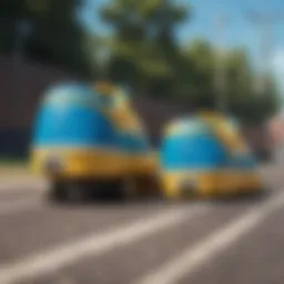 A vibrant pair of blue and yellow Vans displayed on a skateboard