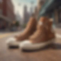 A pair of brown Converse sneakers on a skateboard.