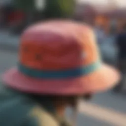 A close-up view of a colorful bucket hat worn by a skateboarder
