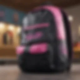 A close-up of a black and pink backpack showcasing its design elements.