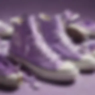 Design Evolution of Lilac Converse Artistic arrangement of lilac purple Converse next to design sketches