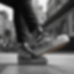 Close-up view of black and white platform shoes highlighting their unique design features