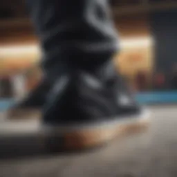 Close-up view of black Lakai shoes showcasing their unique design features