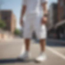 Stylish white carpenter shorts showcased against an urban backdrop