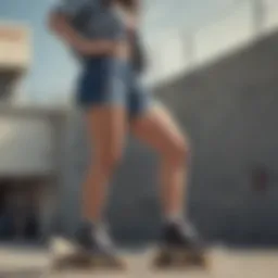 A stylish pair of female Dickies shorts displayed on a skateboard.