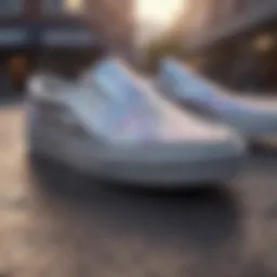 Close-up view of holographic slip-on Vans showcasing the unique surface texture.