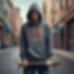 A skateboarder wearing a stylish hoodie against an urban backdrop