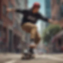 Skateboarder showcasing unique apparel during a trick in an urban setting