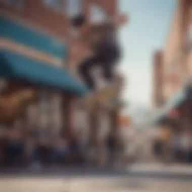 Dynamic Skateboarding Scene Skateboarder performing a trick in front of a local skate shop