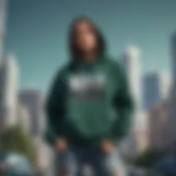 A stylish dark green hoodie paired with denim jeans against a city backdrop