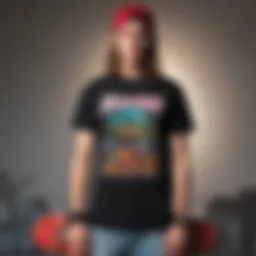 A vibrant Thrasher T-shirt displayed against a skateboard background