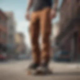 Stylish brown cargo pants paired with skateboard gear.