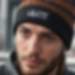 A close-up view of a Huf beanie showcasing its intricate stitching and design details.