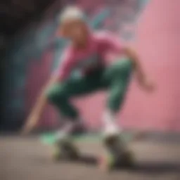Vibrant pink and green graphic tee displayed on a skateboard