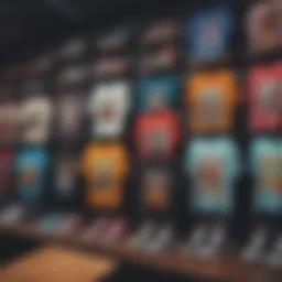 A vibrant display of various graphic tees showcasing colorful designs and unique patterns