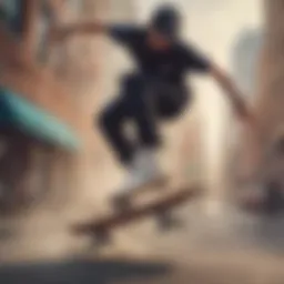 Dynamic skateboarder showcasing the Nike Blaze footwear in action on a vibrant urban backdrop.