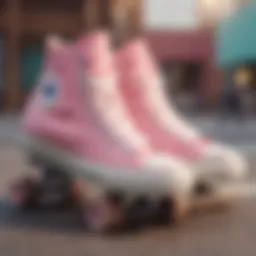 Soft pink Converse sneakers on a skateboard.
