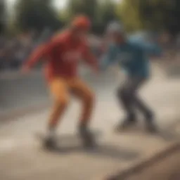 A vintage skatepark scene showcasing skaters in matching sweat sets