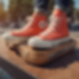 A stylish pair of Converse shoes placed against a vibrant skateboard deck.