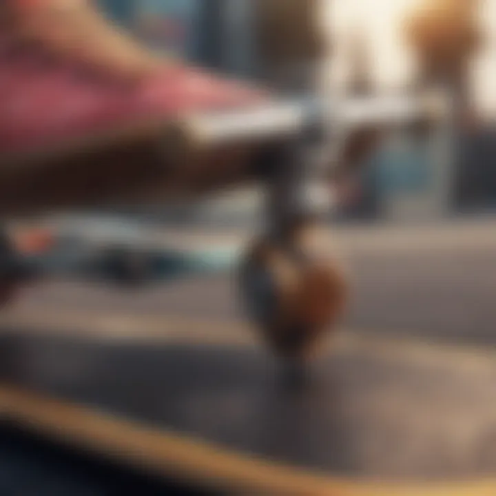 Close-up of skateboard gear with branded clothing