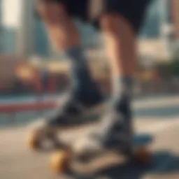 Close-up of trefoil crew socks on a skateboarder's feet