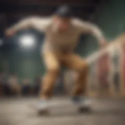 A skater performing a trick wearing tan Dickies pants