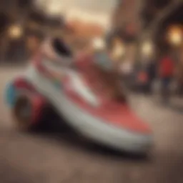 Vintage skateboarding culture showcasing Vans shoes and Disney motifs.
